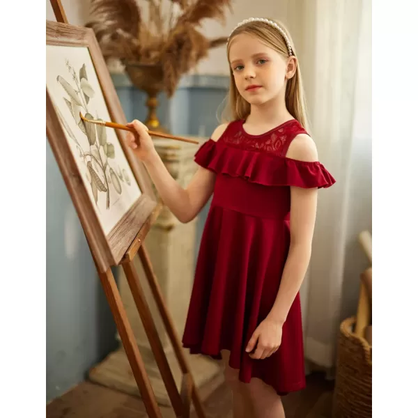 Arshiner Girls Cold Shoulder Ruffle Trim A-lined Lace Party Dress for kids 5-12 Year