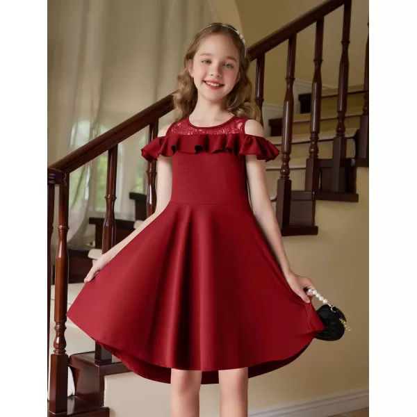 Arshiner Girls Cold Shoulder Ruffle Trim A-lined Lace Party Dress for kids 5-12 Year
