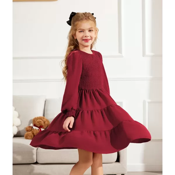 Arshiner Girls Dress Fall Boho Long Sleeve Shirred Smocked Tiered Party Dresses with Pockets