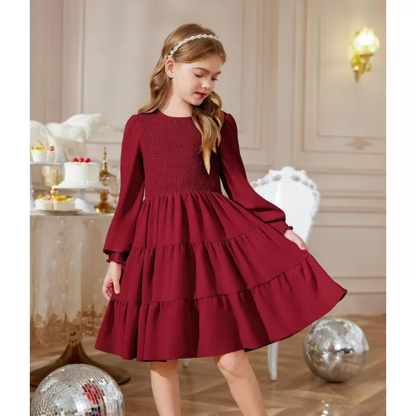 Arshiner Girls Dress Fall Boho Long Sleeve Shirred Smocked Tiered Party Dresses with Pockets