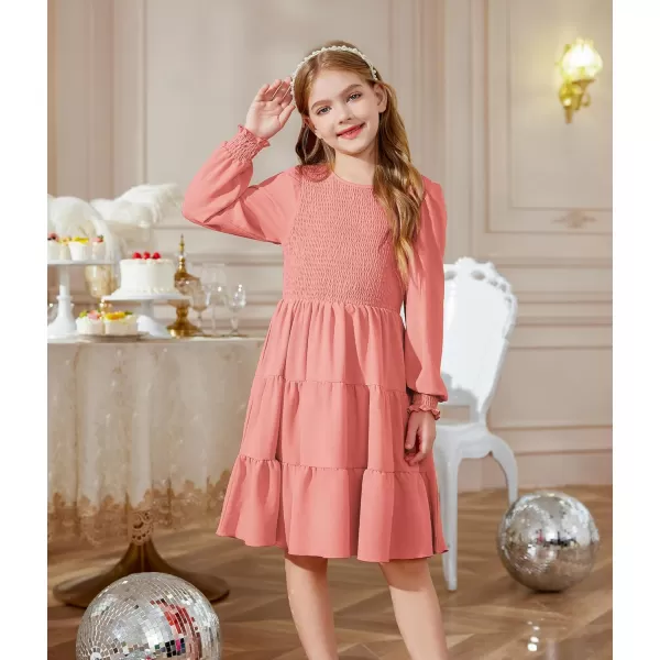 Arshiner Girls Dress Fall Boho Long Sleeve Shirred Smocked Tiered Party Dresses with Pockets