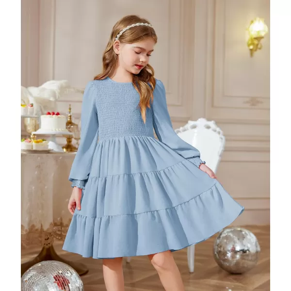 Arshiner Girls Dress Fall Boho Long Sleeve Shirred Smocked Tiered Party Dresses with Pockets