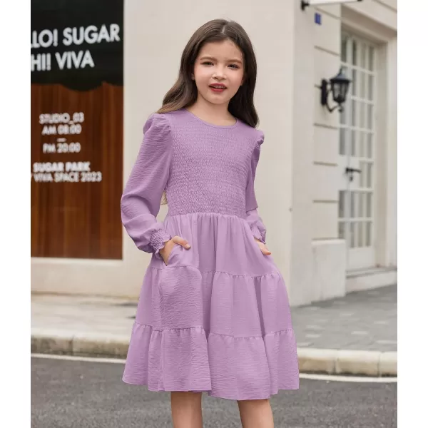 Arshiner Girls Dress Fall Boho Long Sleeve Shirred Smocked Tiered Party Dresses with Pockets