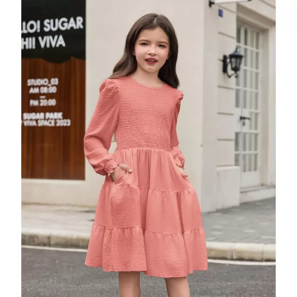 Arshiner Girls Dress Fall Boho Long Sleeve Shirred Smocked Tiered Party Dresses with Pockets