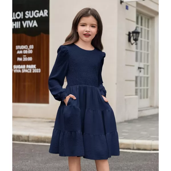 Arshiner Girls Dress Fall Boho Long Sleeve Shirred Smocked Tiered Party Dresses with Pockets