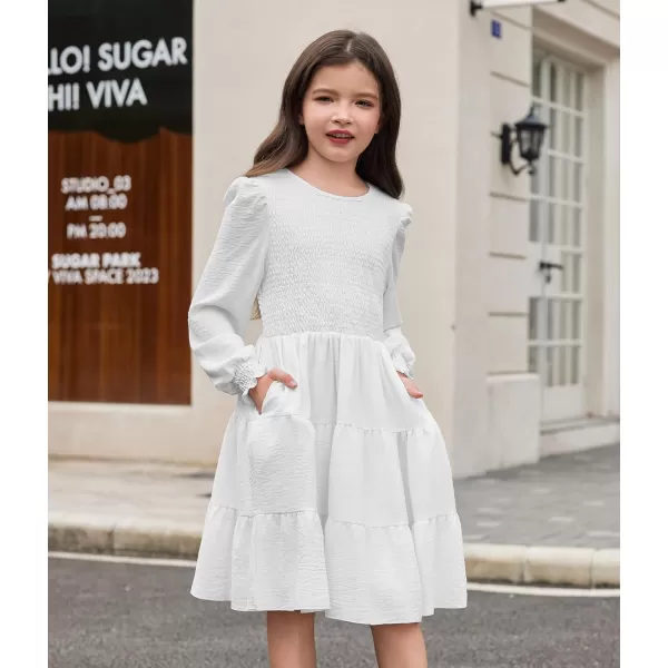 Arshiner Girls Dress Fall Boho Long Sleeve Shirred Smocked Tiered Party Dresses with Pockets