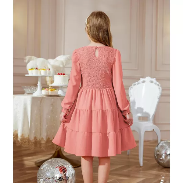 Arshiner Girls Dress Fall Boho Long Sleeve Shirred Smocked Tiered Party Dresses with Pockets