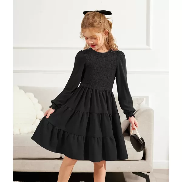 Arshiner Girls Dress Fall Boho Long Sleeve Shirred Smocked Tiered Party Dresses with Pockets