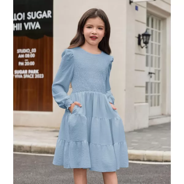 Arshiner Girls Dress Fall Boho Long Sleeve Shirred Smocked Tiered Party Dresses with Pockets