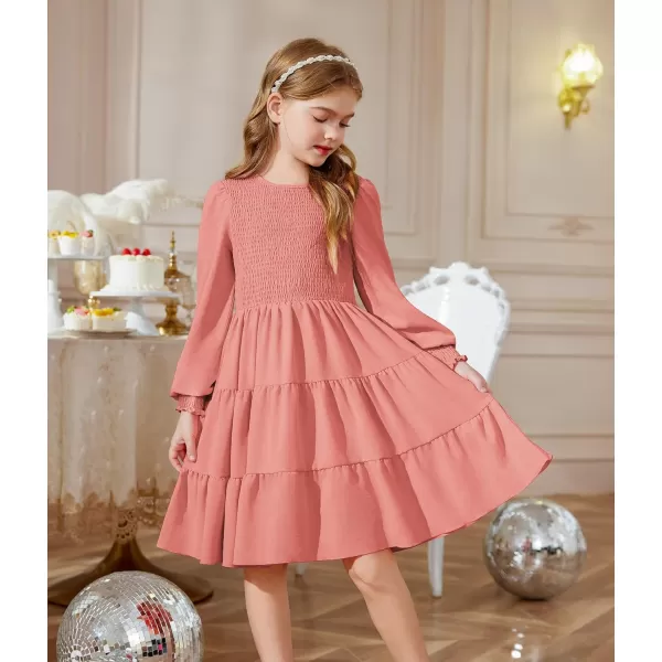 Arshiner Girls Dress Fall Boho Long Sleeve Shirred Smocked Tiered Party Dresses with Pockets