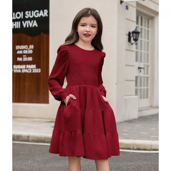 Arshiner Girls Dress Fall Boho Long Sleeve Shirred Smocked Tiered Party Dresses with Pockets