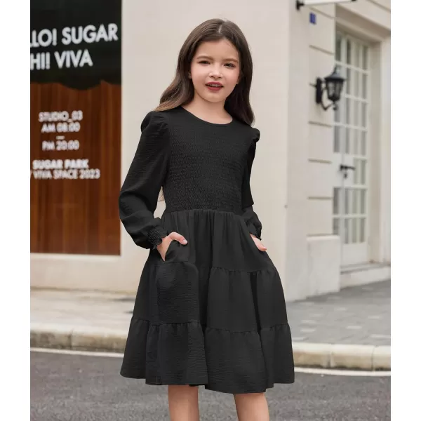 Arshiner Girls Dress Fall Boho Long Sleeve Shirred Smocked Tiered Party Dresses with Pockets