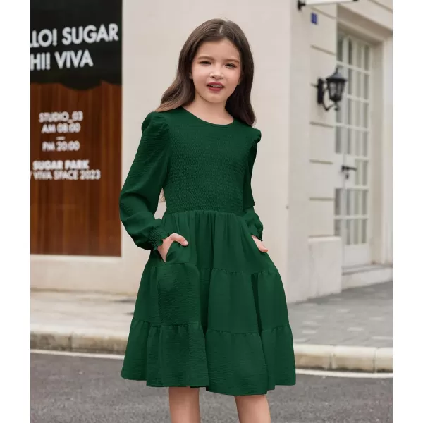 Arshiner Girls Dress Fall Boho Long Sleeve Shirred Smocked Tiered Party Dresses with Pockets