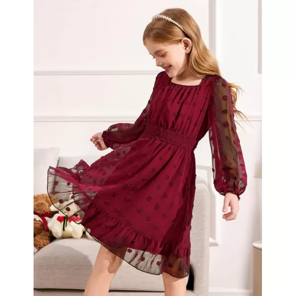 Arshiner Girls Dresses Long Sleeve Square Neck Swiss Dot Casual Flowy Dress