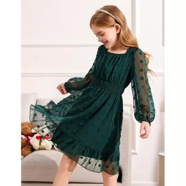 Arshiner Girls Dresses Long Sleeve Square Neck Swiss Dot Casual Flowy Dress