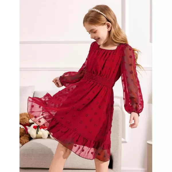 Arshiner Girls Dresses Long Sleeve Square Neck Swiss Dot Casual Flowy Dress