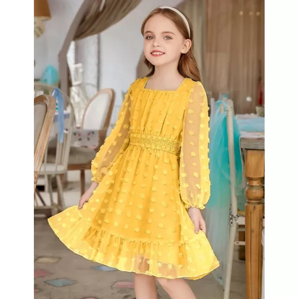 Arshiner Girls Dresses Long Sleeve Square Neck Swiss Dot Casual Flowy Dress