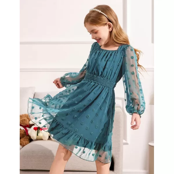 Arshiner Girls Dresses Long Sleeve Square Neck Swiss Dot Casual Flowy Dress