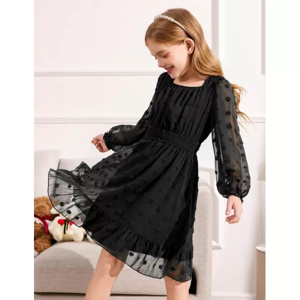 Arshiner Girls Dresses Long Sleeve Square Neck Swiss Dot Casual Flowy Dress