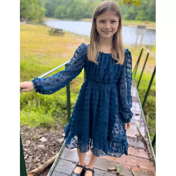 Arshiner Girls Dresses Long Sleeve Square Neck Swiss Dot Casual Flowy Dress