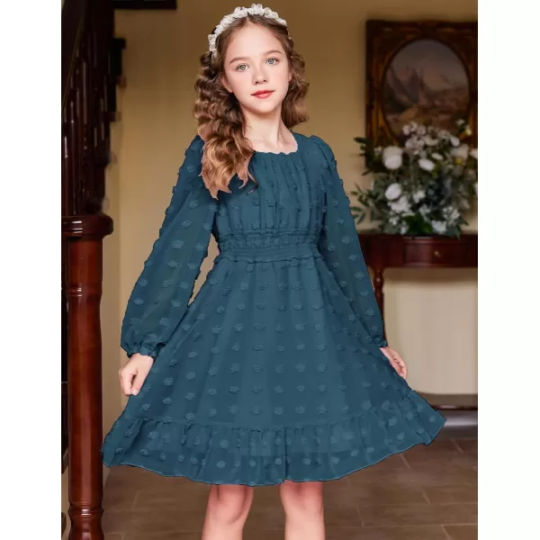 Arshiner Girls Dresses Long Sleeve Square Neck Swiss Dot Casual Flowy Dress