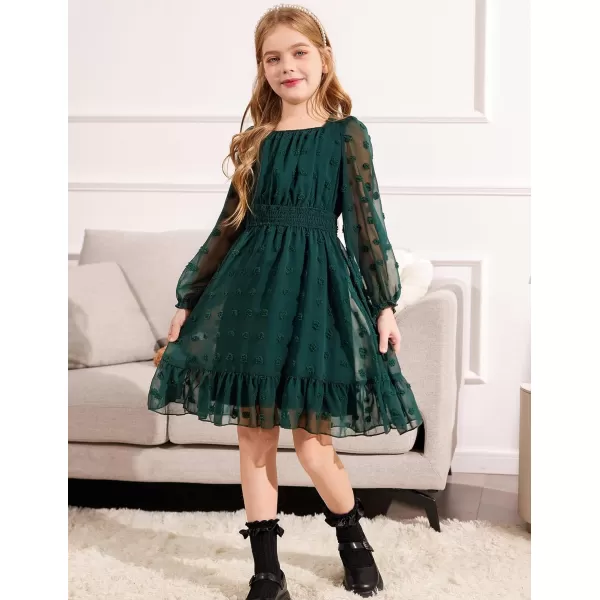 Arshiner Girls Dresses Long Sleeve Square Neck Swiss Dot Casual Flowy Dress