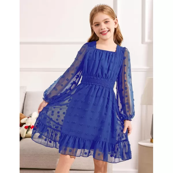 Arshiner Girls Dresses Long Sleeve Square Neck Swiss Dot Casual Flowy Dress