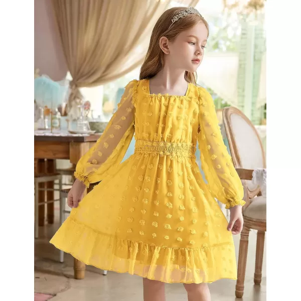 Arshiner Girls Dresses Long Sleeve Square Neck Swiss Dot Casual Flowy Dress