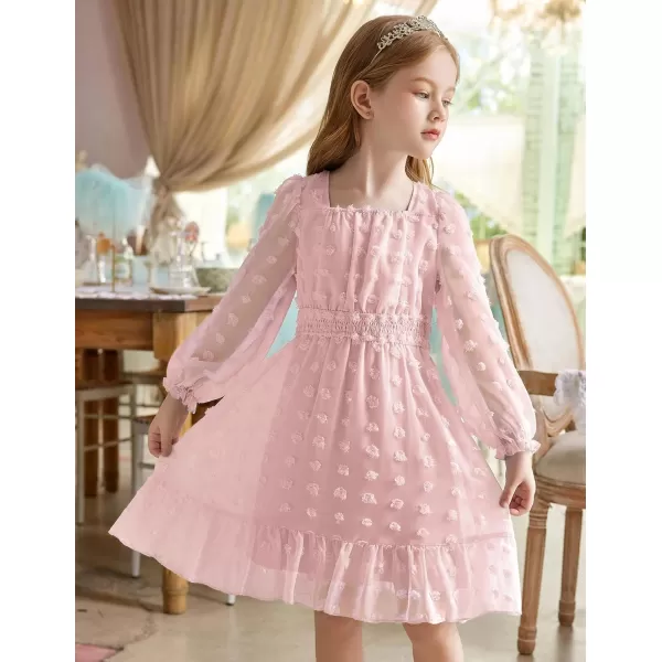 Arshiner Girls Dresses Long Sleeve Square Neck Swiss Dot Casual Flowy Dress