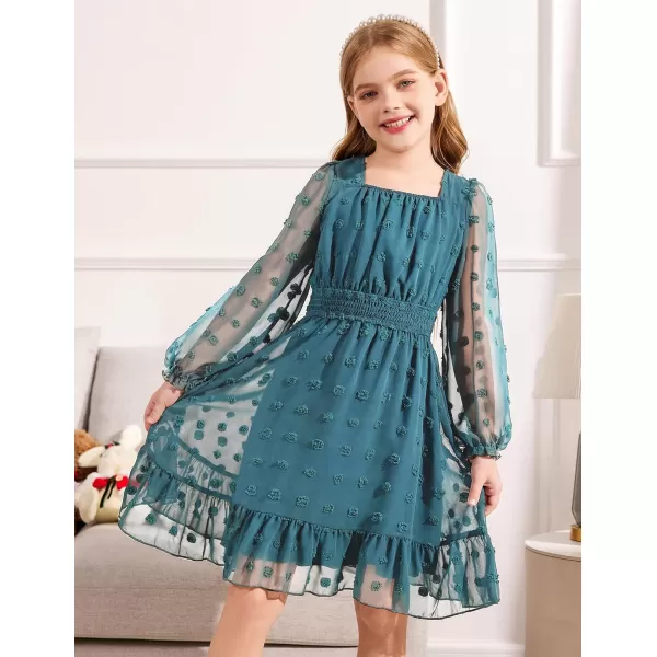 Arshiner Girls Dresses Long Sleeve Square Neck Swiss Dot Casual Flowy Dress
