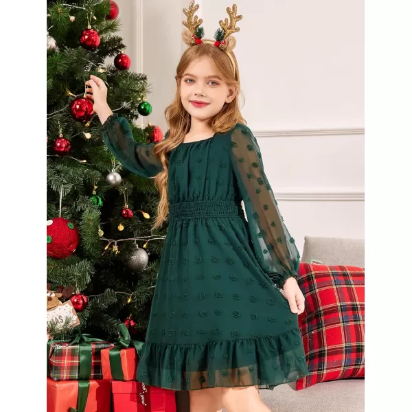 Arshiner Girls Dresses Long Sleeve Square Neck Swiss Dot Casual Flowy Dress