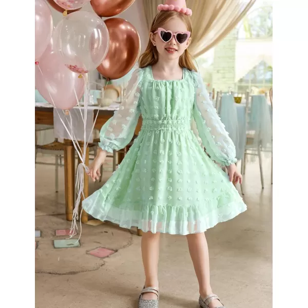 Arshiner Girls Dresses Long Sleeve Square Neck Swiss Dot Casual Flowy Dress
