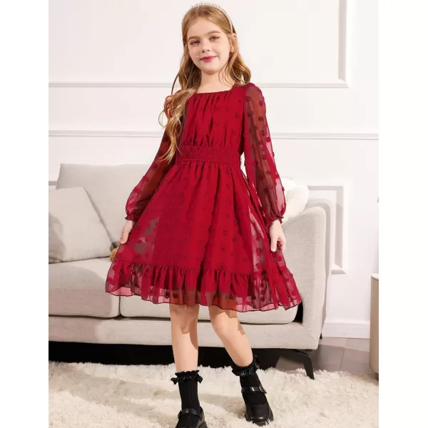 Arshiner Girls Dresses Long Sleeve Square Neck Swiss Dot Casual Flowy Dress