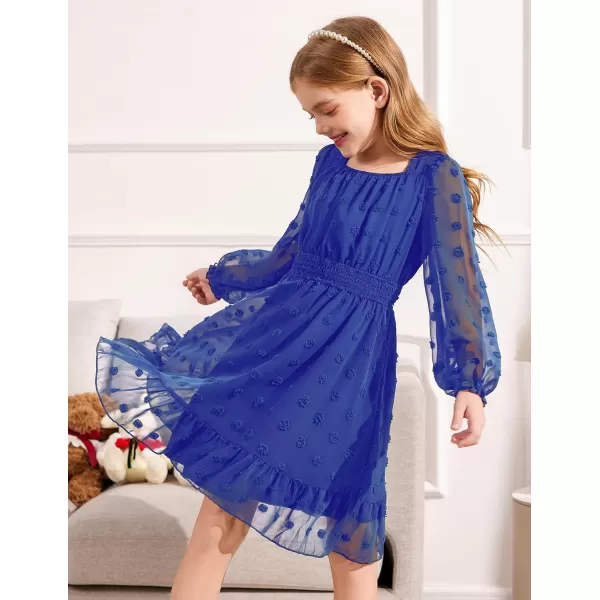Arshiner Girls Dresses Long Sleeve Square Neck Swiss Dot Casual Flowy Dress
