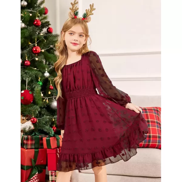 Arshiner Girls Dresses Long Sleeve Square Neck Swiss Dot Casual Flowy Dress
