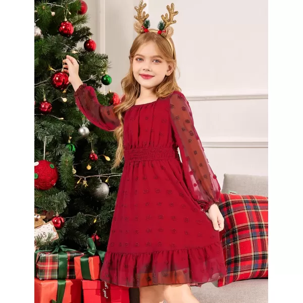 Arshiner Girls Dresses Long Sleeve Square Neck Swiss Dot Casual Flowy Dress