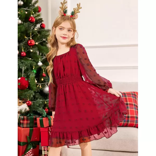 Arshiner Girls Dresses Long Sleeve Square Neck Swiss Dot Casual Flowy Dress
