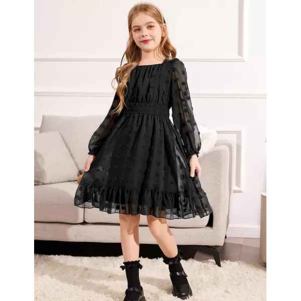 Arshiner Girls Dresses Long Sleeve Square Neck Swiss Dot Casual Flowy Dress