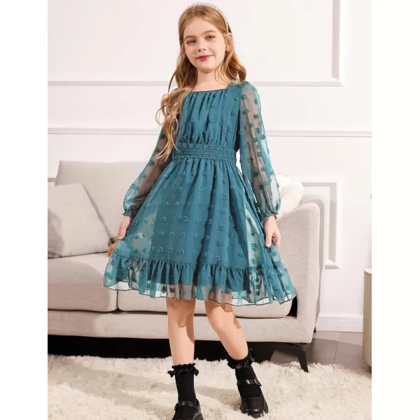 Arshiner Girls Dresses Long Sleeve Square Neck Swiss Dot Casual Flowy Dress
