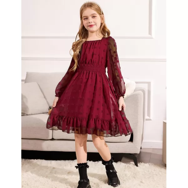 Arshiner Girls Dresses Long Sleeve Square Neck Swiss Dot Casual Flowy Dress