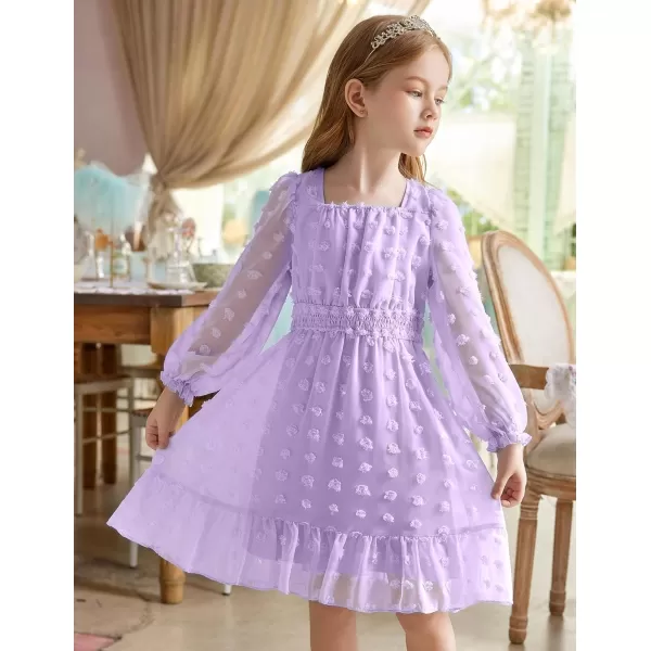 Arshiner Girls Dresses Long Sleeve Square Neck Swiss Dot Casual Flowy Dress