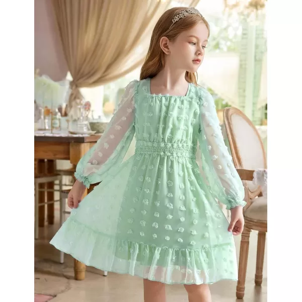 Arshiner Girls Dresses Long Sleeve Square Neck Swiss Dot Casual Flowy Dress