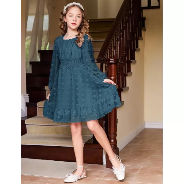 Arshiner Girls Dresses Long Sleeve Square Neck Swiss Dot Casual Flowy Dress