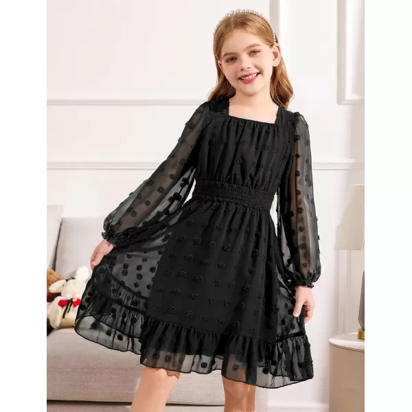 Arshiner Girls Dresses Long Sleeve Square Neck Swiss Dot Casual Flowy Dress
