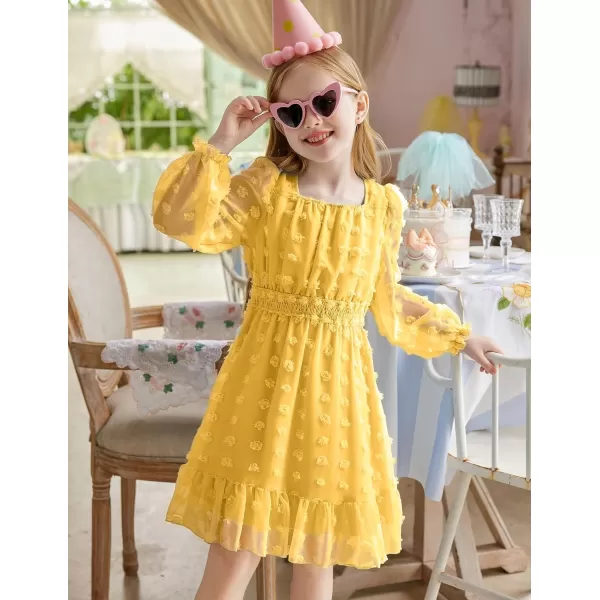 Arshiner Girls Dresses Long Sleeve Square Neck Swiss Dot Casual Flowy Dress