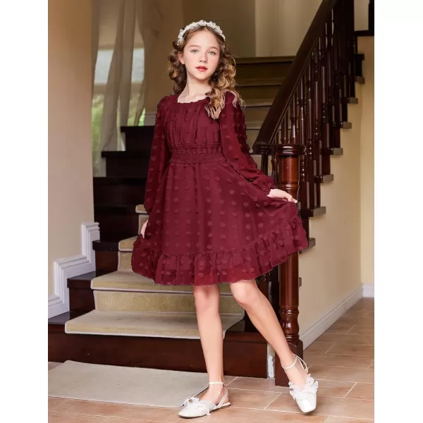 Arshiner Girls Dresses Long Sleeve Square Neck Swiss Dot Casual Flowy Dress