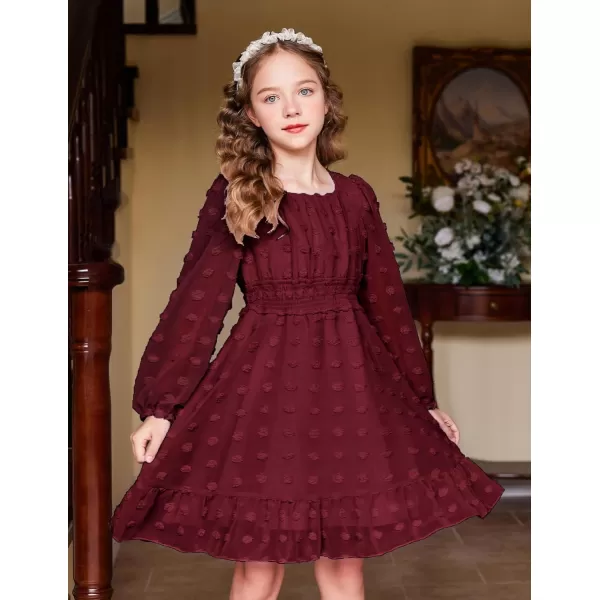 Arshiner Girls Dresses Long Sleeve Square Neck Swiss Dot Casual Flowy Dress