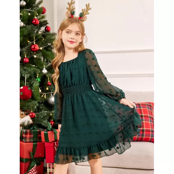 Arshiner Girls Dresses Long Sleeve Square Neck Swiss Dot Casual Flowy Dress