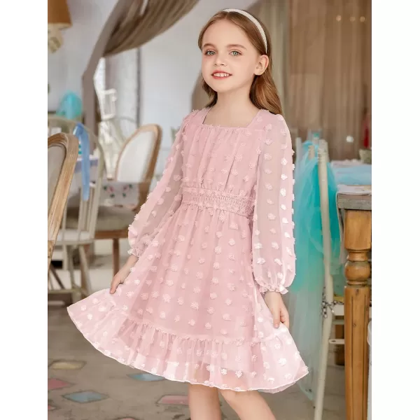Arshiner Girls Dresses Long Sleeve Square Neck Swiss Dot Casual Flowy Dress