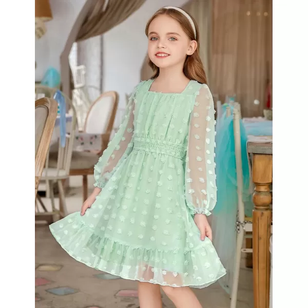 Arshiner Girls Dresses Long Sleeve Square Neck Swiss Dot Casual Flowy Dress